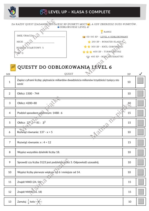 Klasa 5 - 33 Zadania na Koniec Roku Szkolnego w formie gry